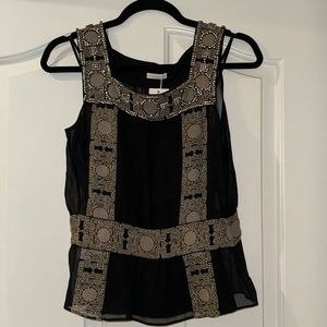 Cacharel Black & Tan Neutral Embellished Chiffon Top w Silk Camisole